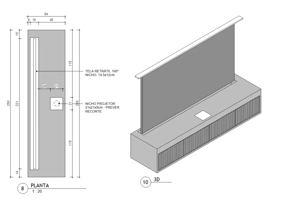 Desenho técnico em planta e em 3D de um móvel com tela retrátil de 100 polegadas e nicho para o projetor.