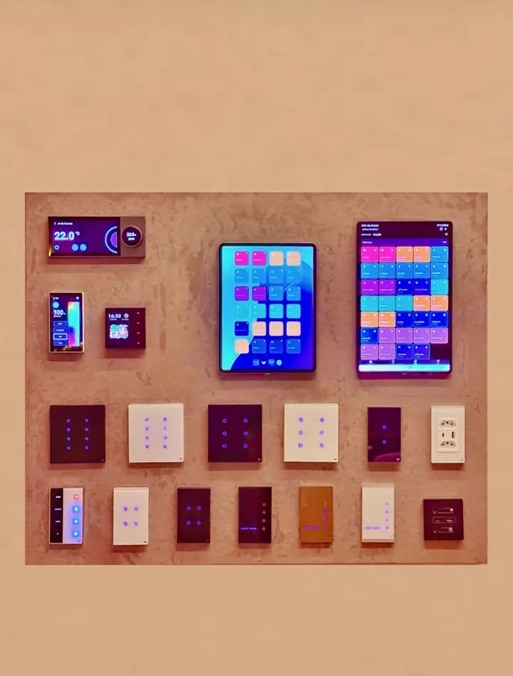 Mostruário na parede com interruptores touch em preto, branco e dourado, termostato digital e tablets com o app de controle.